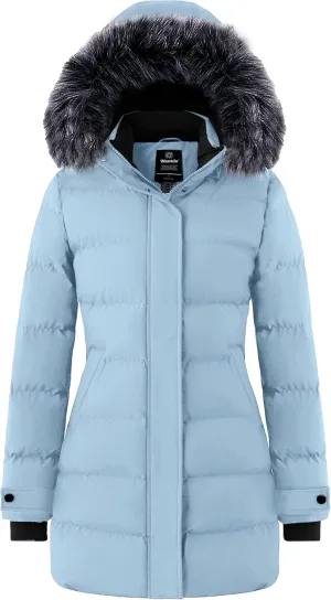 wantdo Women's Long Quilted Winter Coat Thicken Puffer Jacket with Faux Fur Hood