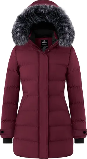 wantdo Women's Long Quilted Winter Coat Thicken Puffer Jacket with Faux Fur Hood