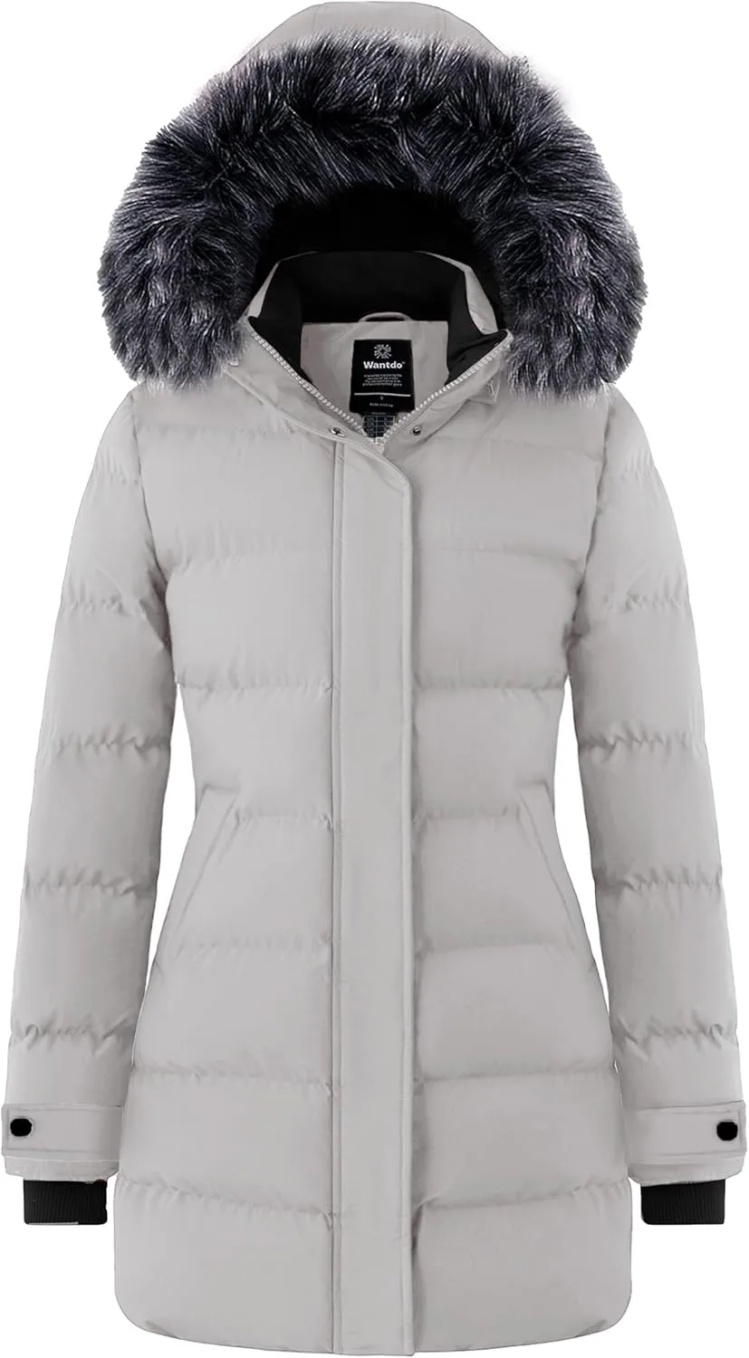 wantdo Women's Long Quilted Winter Coat Thicken Puffer Jacket with Faux Fur Hood