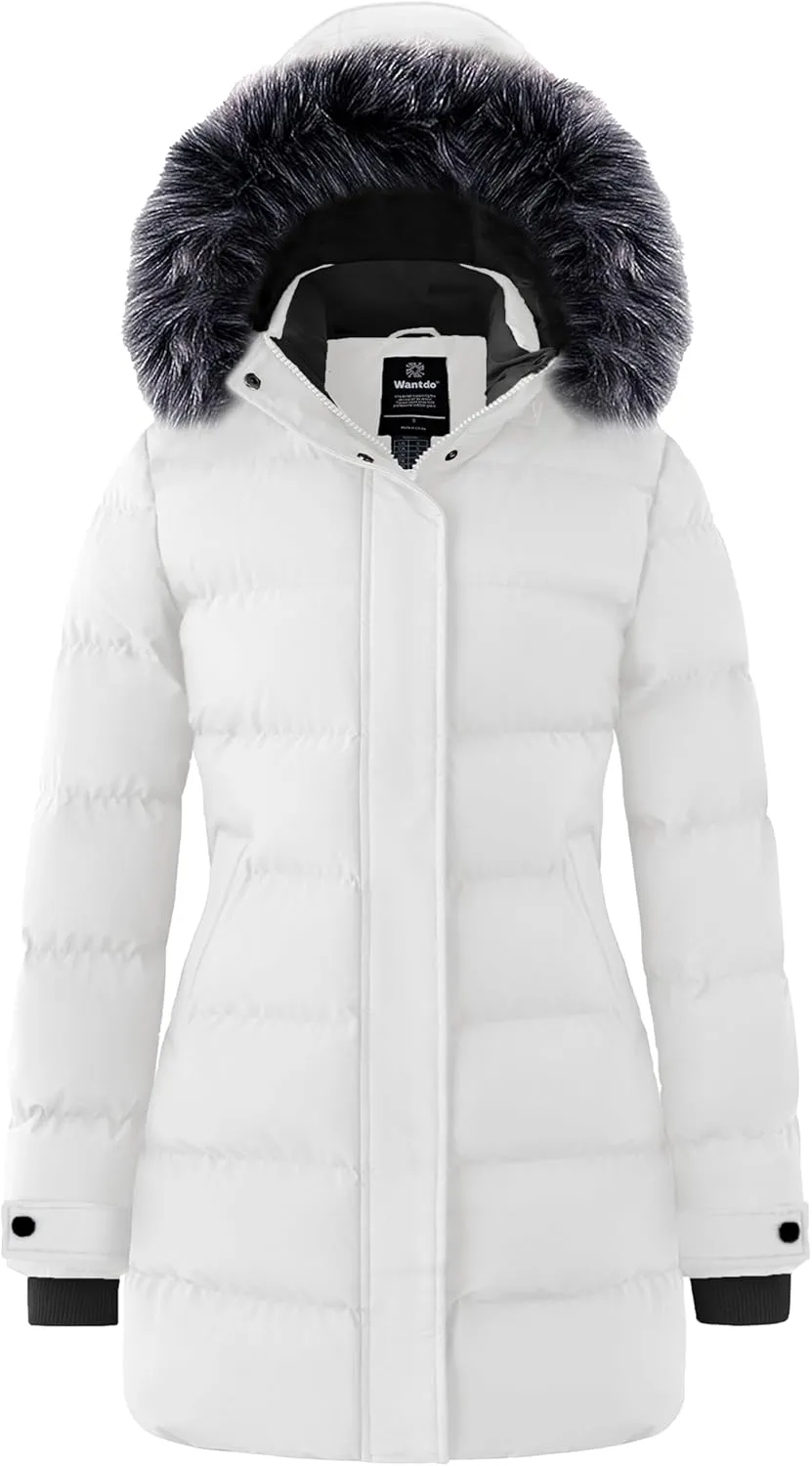 wantdo Women's Long Quilted Winter Coat Thicken Puffer Jacket with Faux Fur Hood