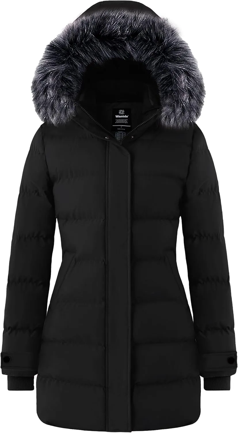 wantdo Women's Long Quilted Winter Coat Thicken Puffer Jacket with Faux Fur Hood