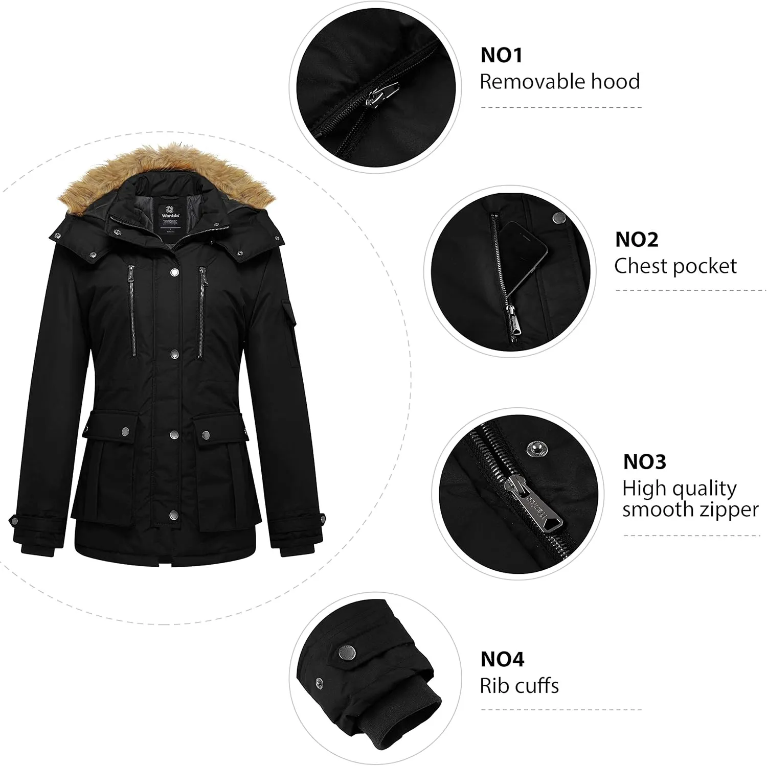 wantdo Women's Quilted Winter Coat Warm Puffer Jacket Thicken Parka with Removable Hood