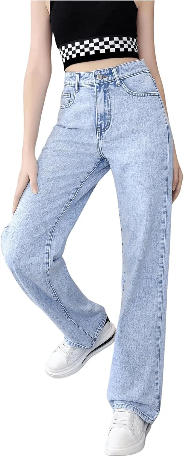 WDIRARA Girl's High Waist Zip Up Denim Pants Straight Leg Cargo Jeans with Pockets