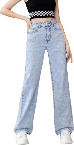 WDIRARA Girl's High Waist Zip Up Denim Pants Straight Leg Cargo Jeans with Pockets
