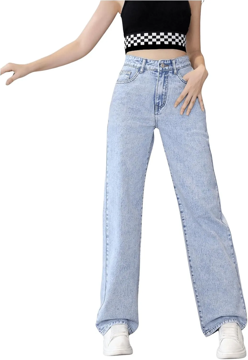 WDIRARA Girl's High Waist Zip Up Denim Pants Straight Leg Cargo Jeans with Pockets