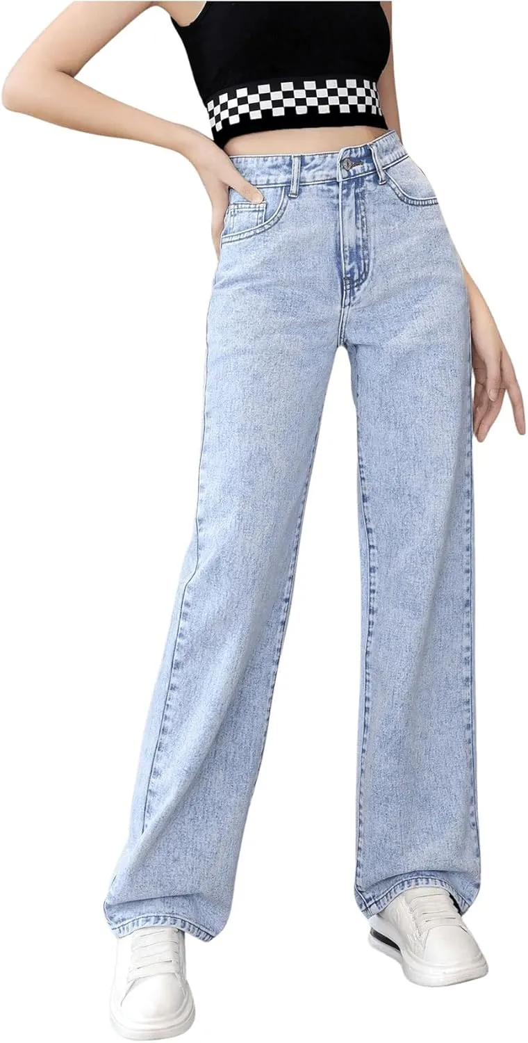 WDIRARA Girl's High Waist Zip Up Denim Pants Straight Leg Cargo Jeans with Pockets