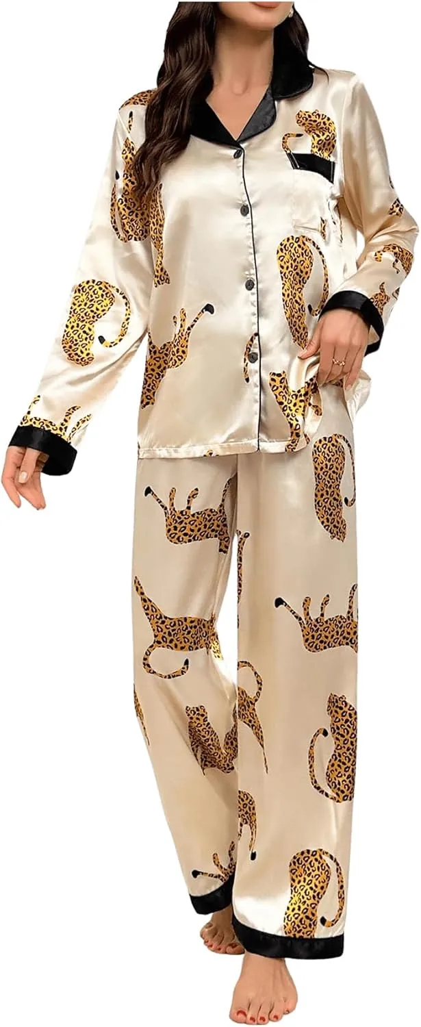 WDIRARA Women's 2 Piece Sleepwear Striped Satin Short Sleeve Shirt and Pants Pajama Set