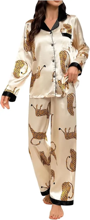 WDIRARA Women's 2 Piece Sleepwear Striped Satin Short Sleeve Shirt and Pants Pajama Set