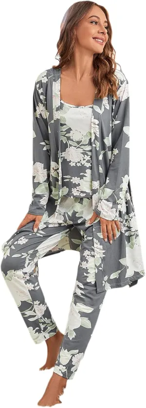 WDIRARA Women's 3 pcs Sleepwear Leaf Print Cami and Pants Pajama Set with Robe