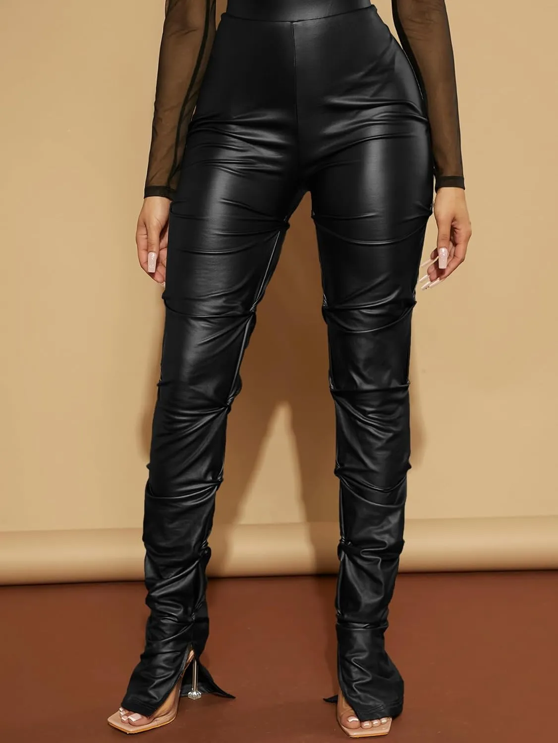 WDIRARA Women's Pu Leather Split Side High Waist Skinny Trousers Twist Side Long Pants