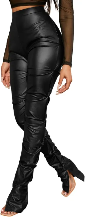 WDIRARA Women's Pu Leather Split Side High Waist Skinny Trousers Twist Side Long Pants