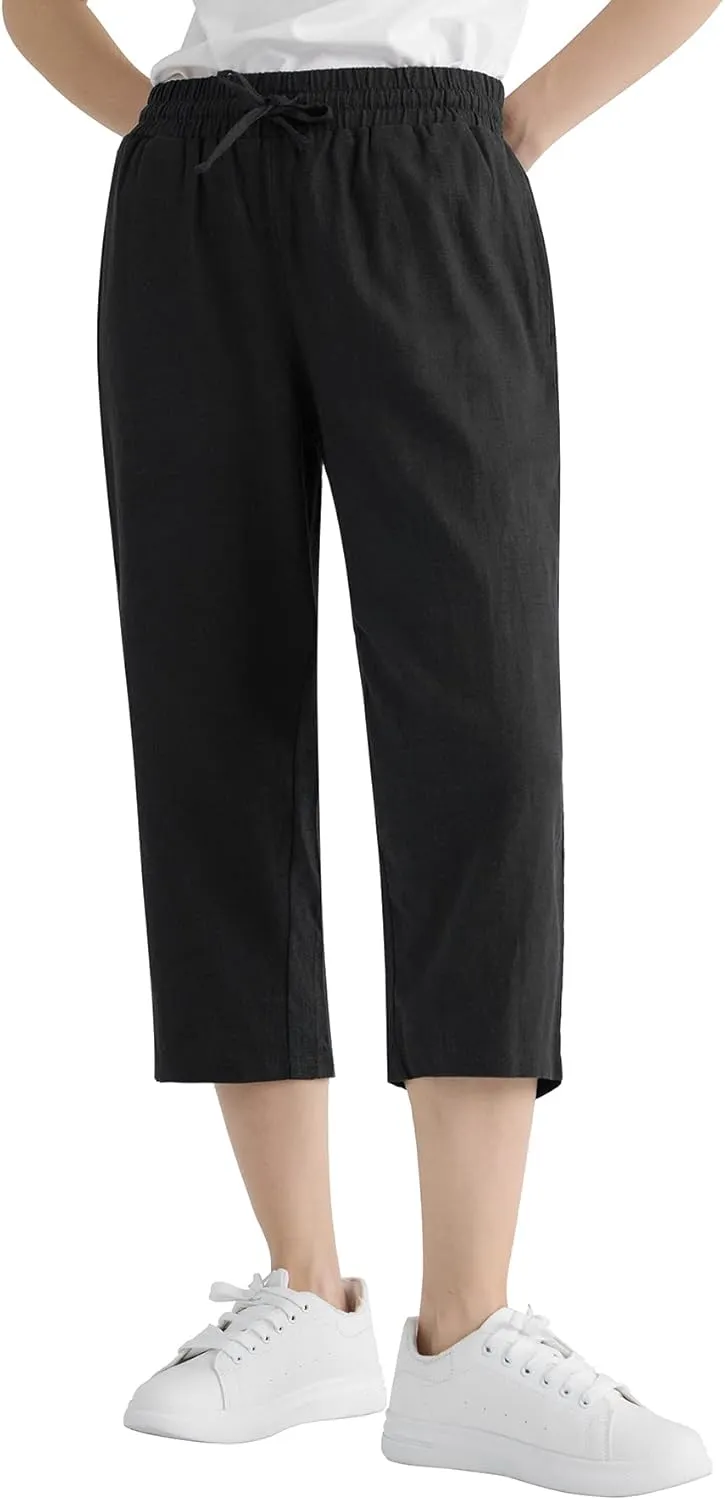 Weintee Women's Linen Crop Pants Capris with Pockets