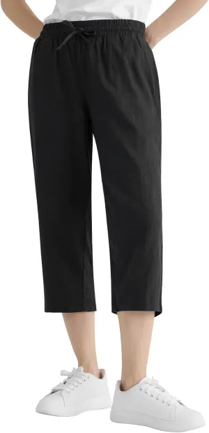 Weintee Women's Linen Crop Pants Capris with Pockets