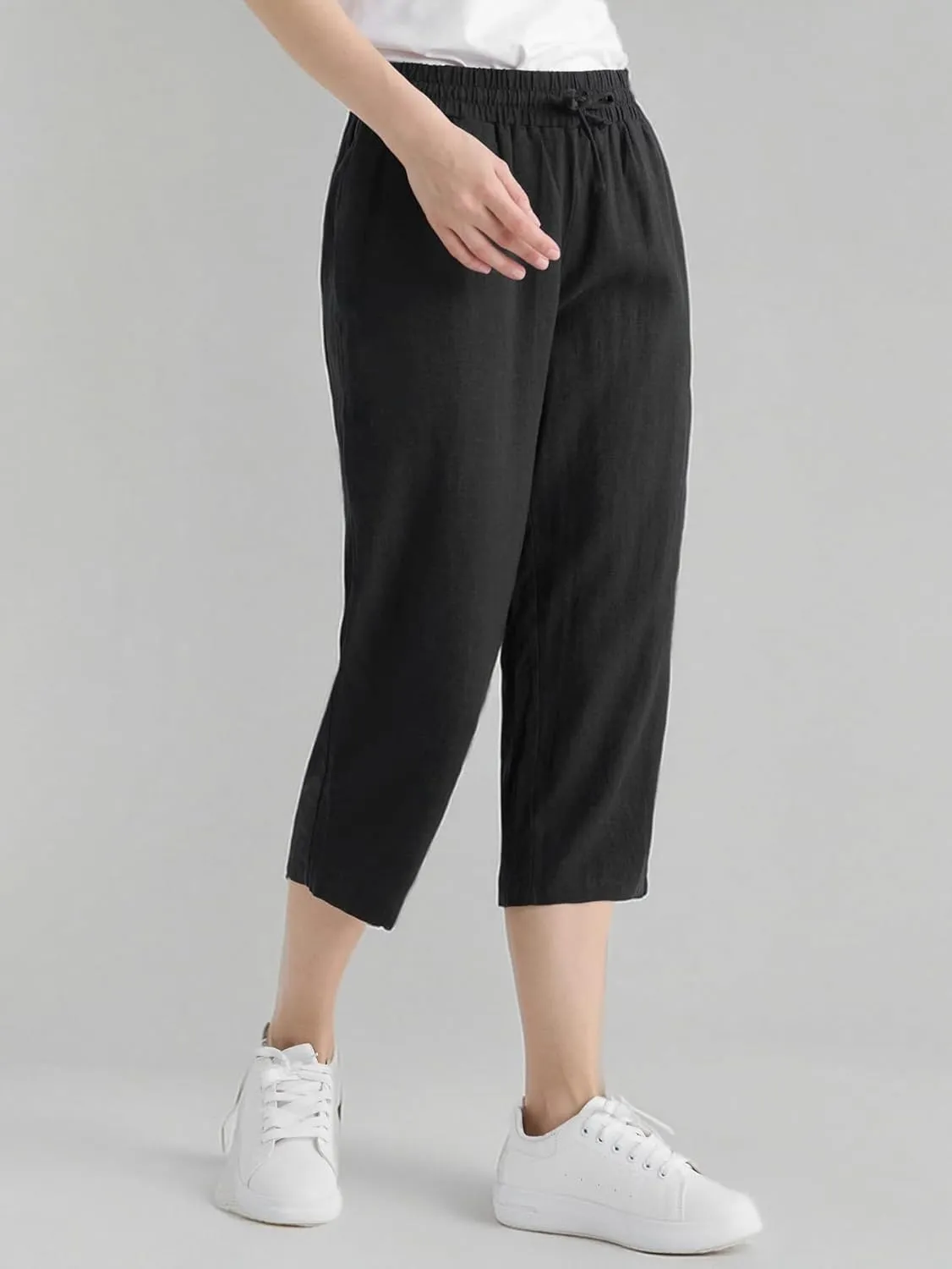 Weintee Women's Linen Crop Pants Capris with Pockets