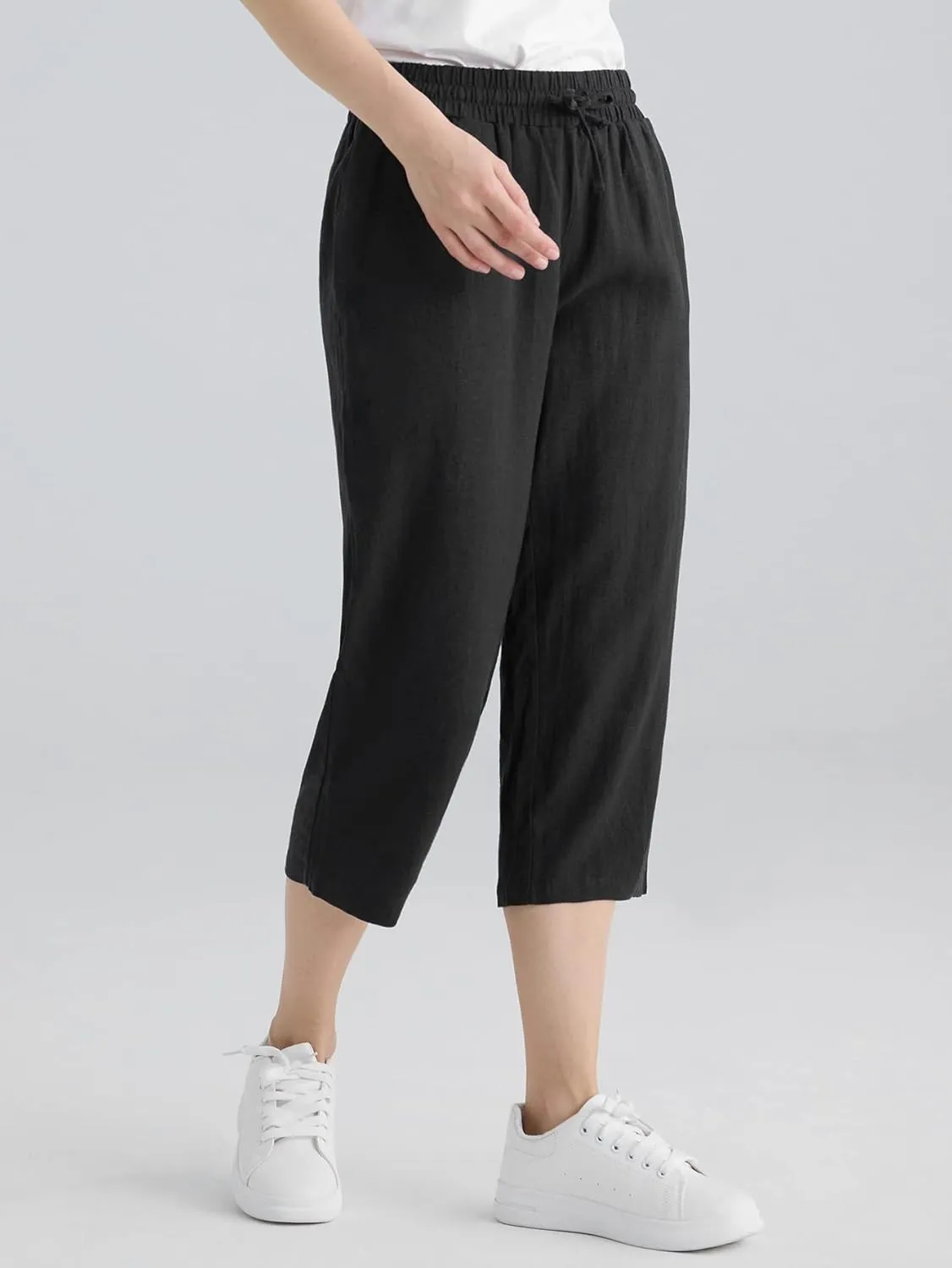 Weintee Women's Linen Crop Pants Capris with Pockets