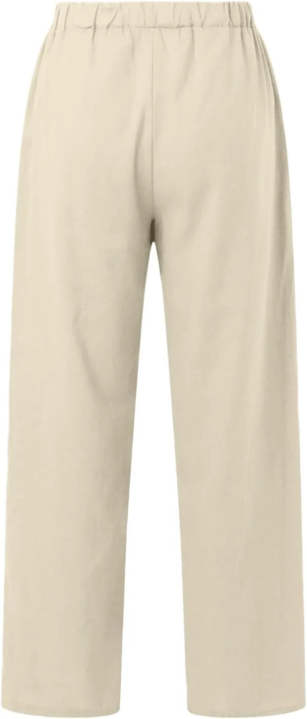 Wide Leg Linen Pants for Women Plus Size Loose Fit Casual Summer Beach Pants with Pockets Lightweight Cropped Trouser