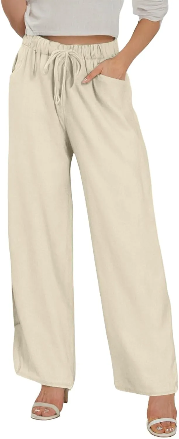 Wide Leg Linen Pants for Women Plus Size Loose Fit Casual Summer Beach Pants with Pockets Lightweight Cropped Trouser