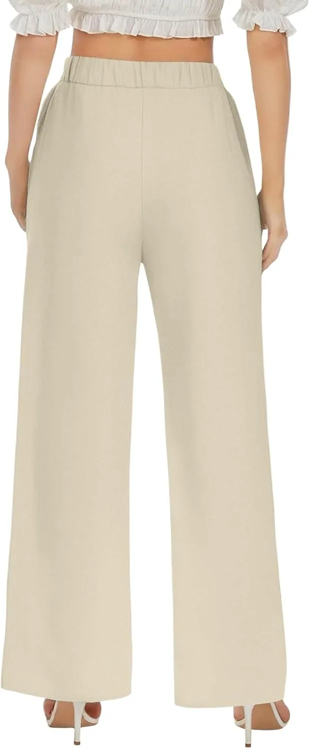Wide Leg Linen Pants for Women Plus Size Loose Fit Casual Summer Beach Pants with Pockets Lightweight Cropped Trouser