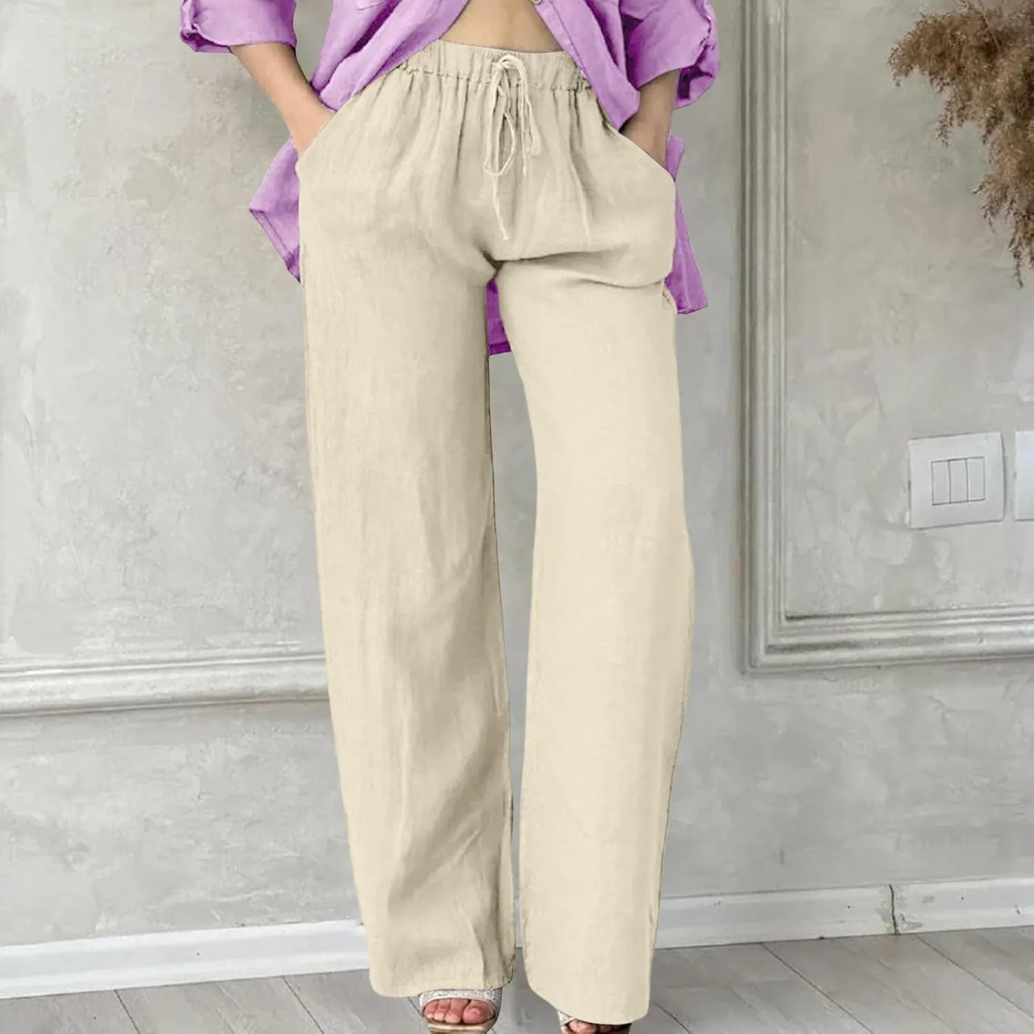 Wide Leg Linen Pants for Women Plus Size Loose Fit Casual Summer Beach Pants with Pockets Lightweight Cropped Trouser
