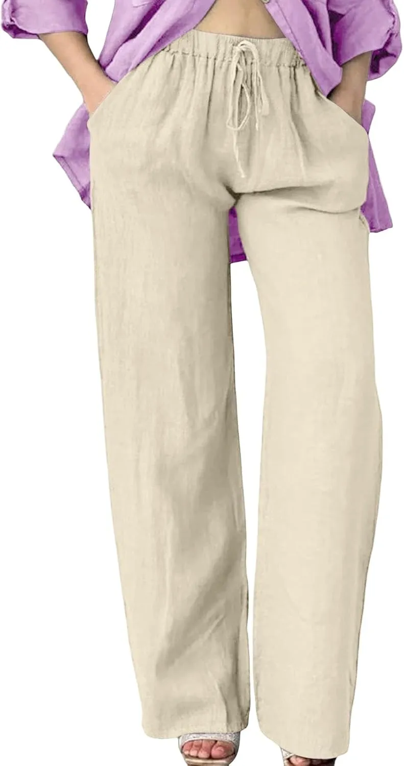 Wide Leg Linen Pants for Women Plus Size Loose Fit Casual Summer Beach Pants with Pockets Lightweight Cropped Trouser