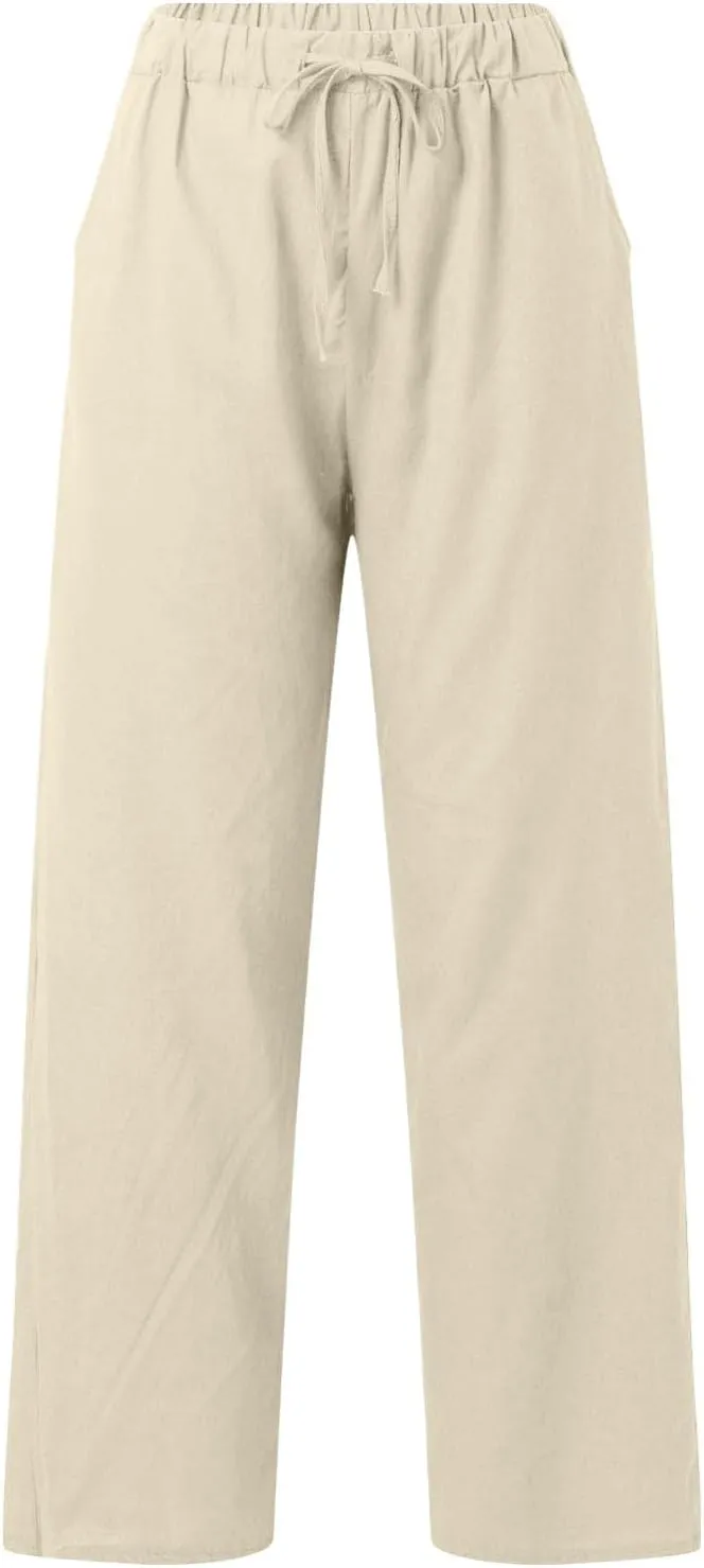 Wide Leg Linen Pants for Women Plus Size Loose Fit Casual Summer Beach Pants with Pockets Lightweight Cropped Trouser