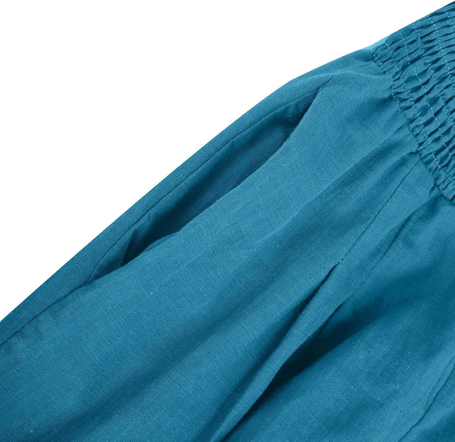 Wide Leg Linen Pants Women Boho Smocked High Waist Palazzo Pants Flowy Summer Vacation Beach Trousers with Pockets