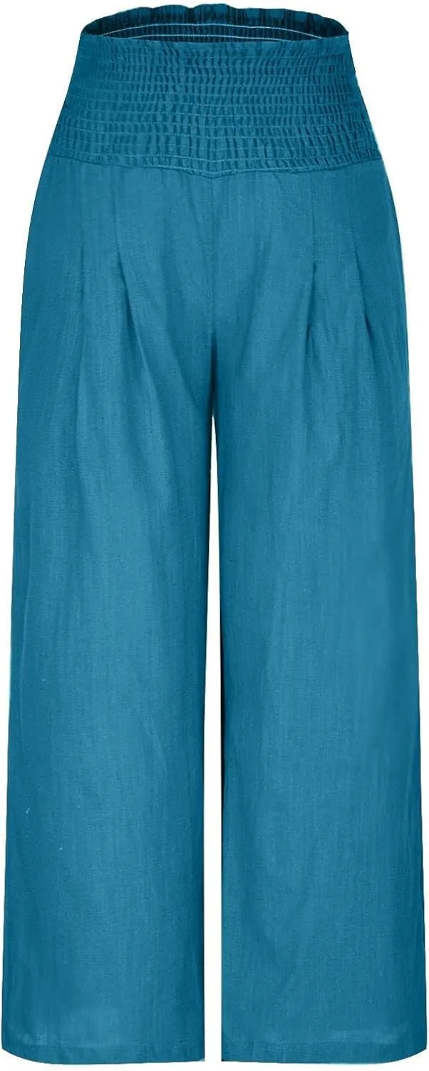 Wide Leg Linen Pants Women Boho Smocked High Waist Palazzo Pants Flowy Summer Vacation Beach Trousers with Pockets
