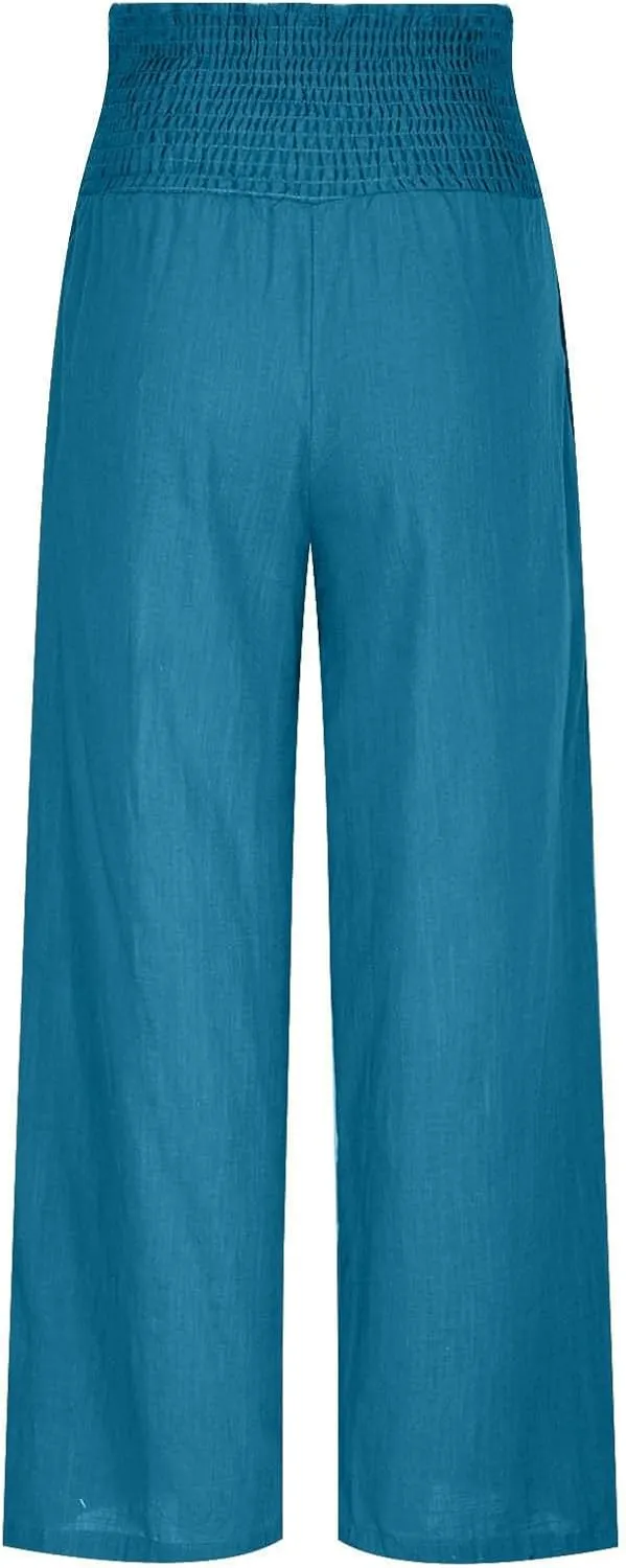 Wide Leg Linen Pants Women Boho Smocked High Waist Palazzo Pants Flowy Summer Vacation Beach Trousers with Pockets