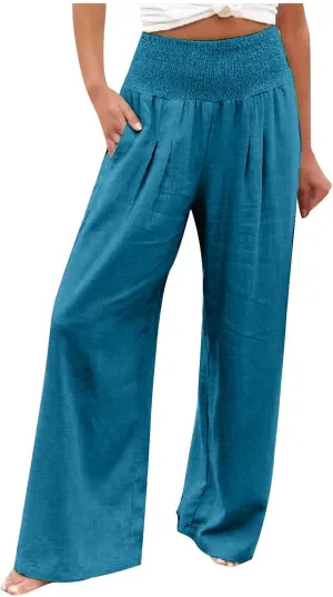 Wide Leg Linen Pants Women Boho Smocked High Waist Palazzo Pants Flowy Summer Vacation Beach Trousers with Pockets