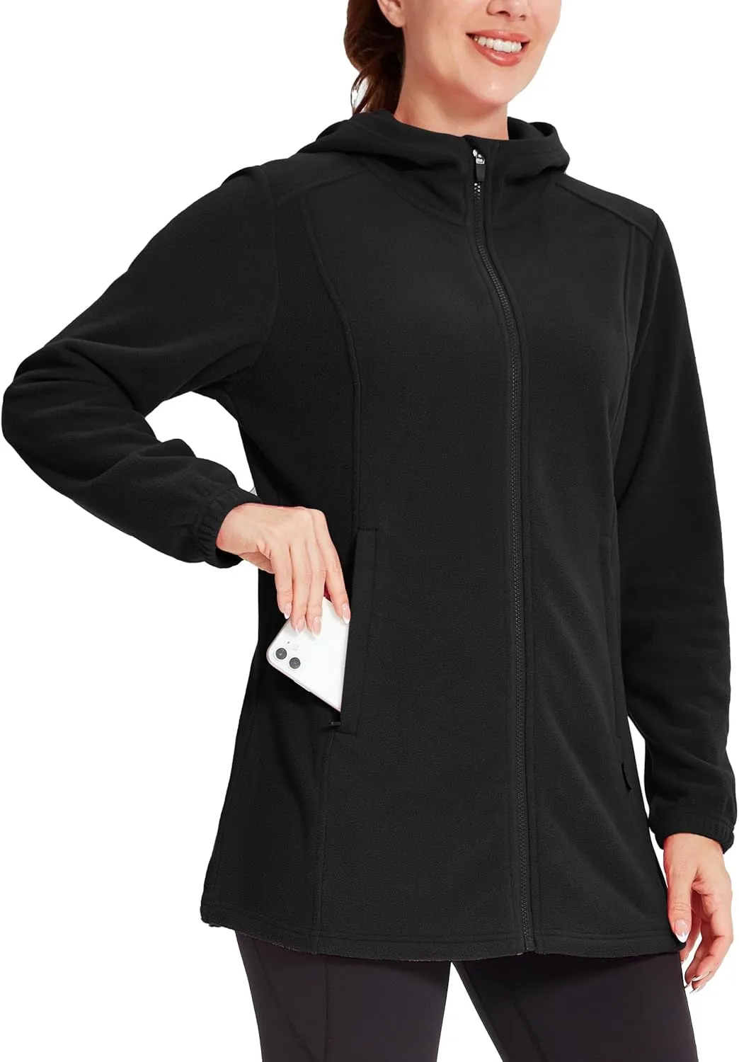 Willit Women's Long Fleece Jacket Full-Zip Thermal Fleece Hooded Jacket Lightweight Winter Coat
