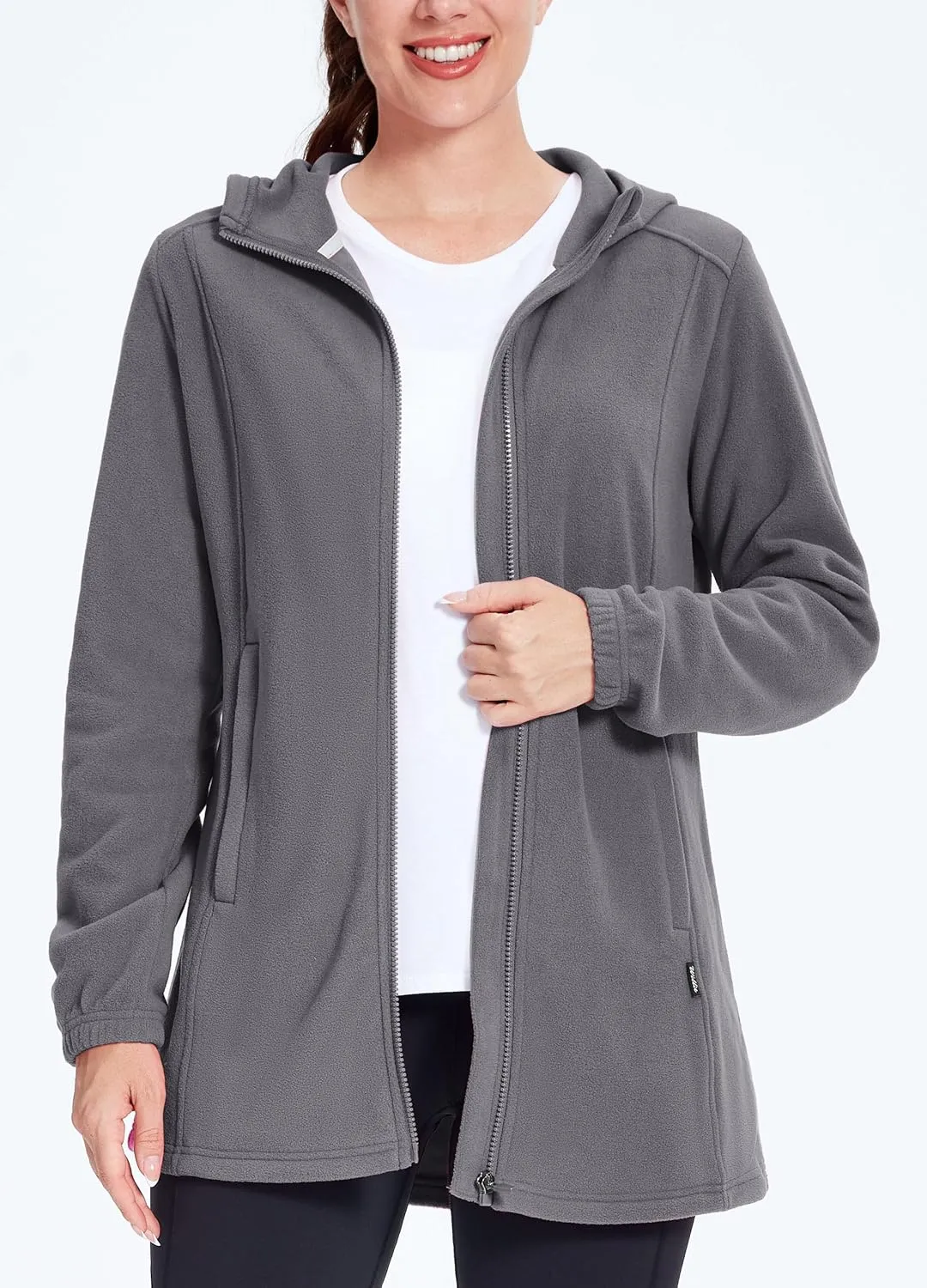 Willit Women's Long Fleece Jacket Full-Zip Thermal Fleece Hooded Jacket Lightweight Winter Coat