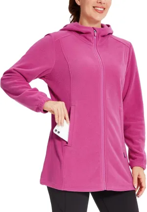 Willit Women's Long Fleece Jacket Full-Zip Thermal Fleece Hooded Jacket Lightweight Winter Coat