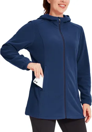 Willit Women's Long Fleece Jacket Full-Zip Thermal Fleece Hooded Jacket Lightweight Winter Coat