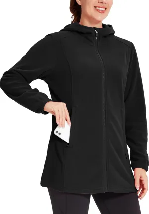 Willit Women's Long Fleece Jacket Full-Zip Thermal Fleece Hooded Jacket Lightweight Winter Coat