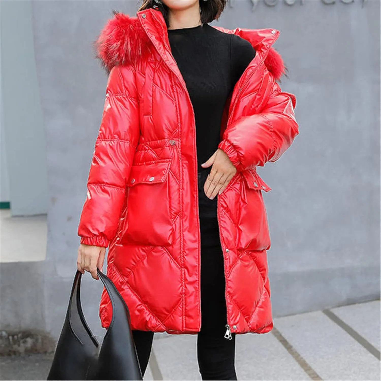 Winter Jacket Women Waterproof Bright Face Cotton Padded Clothes Middle Long Fashion Artifical Fur Hooded Coat