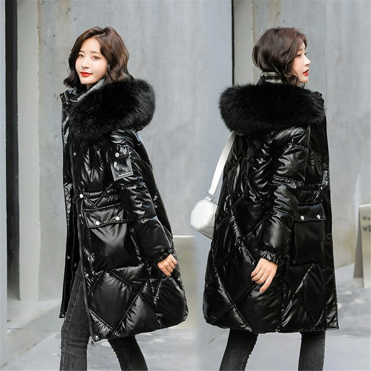 Winter Jacket Women Waterproof Bright Face Cotton Padded Clothes Middle Long Fashion Artifical Fur Hooded Coat