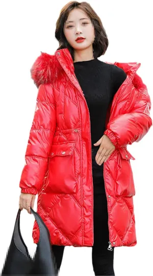 Winter Jacket Women Waterproof Bright Face Cotton Padded Clothes Middle Long Fashion Artifical Fur Hooded Coat