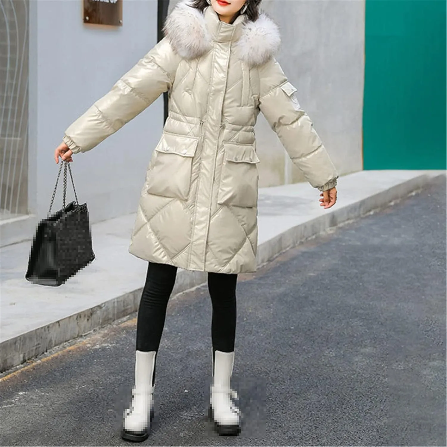 Winter Jacket Women Waterproof Bright Face Cotton Padded Clothes Middle Long Fashion Artifical Fur Hooded Coat