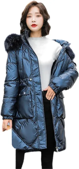 Winter Jacket Women Waterproof Bright Face Cotton Padded Clothes Middle Long Fashion Artifical Fur Hooded Coat