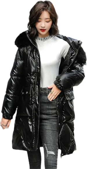 Winter Jacket Women Waterproof Bright Face Cotton Padded Clothes Middle Long Fashion Artifical Fur Hooded Coat