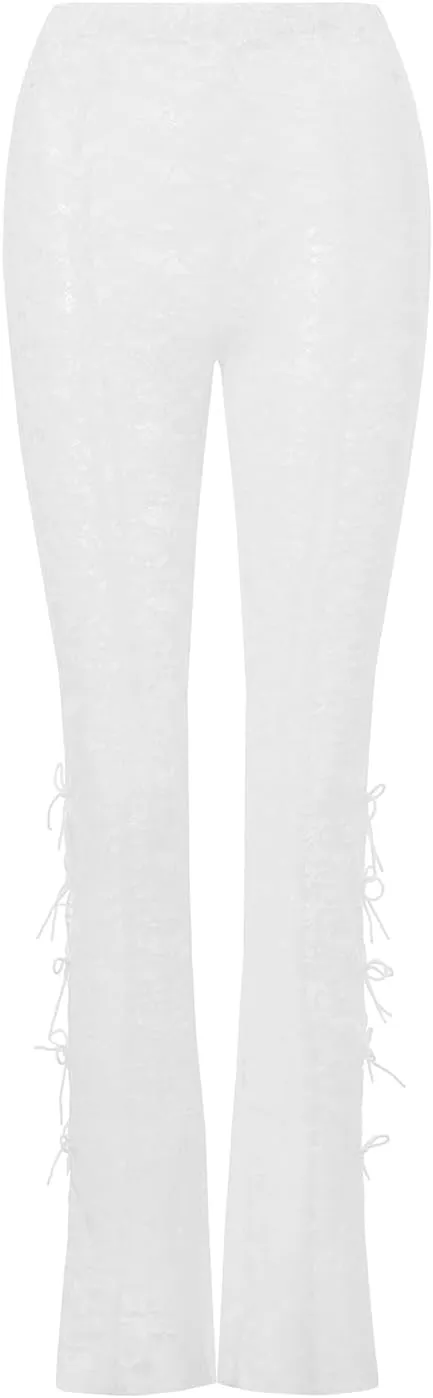 Women Bow Lace Flare Leggings High Waist Side Cutout Trousers Slim Fit Sexy Sheer Mesh Stretch Pants Party Clubwear