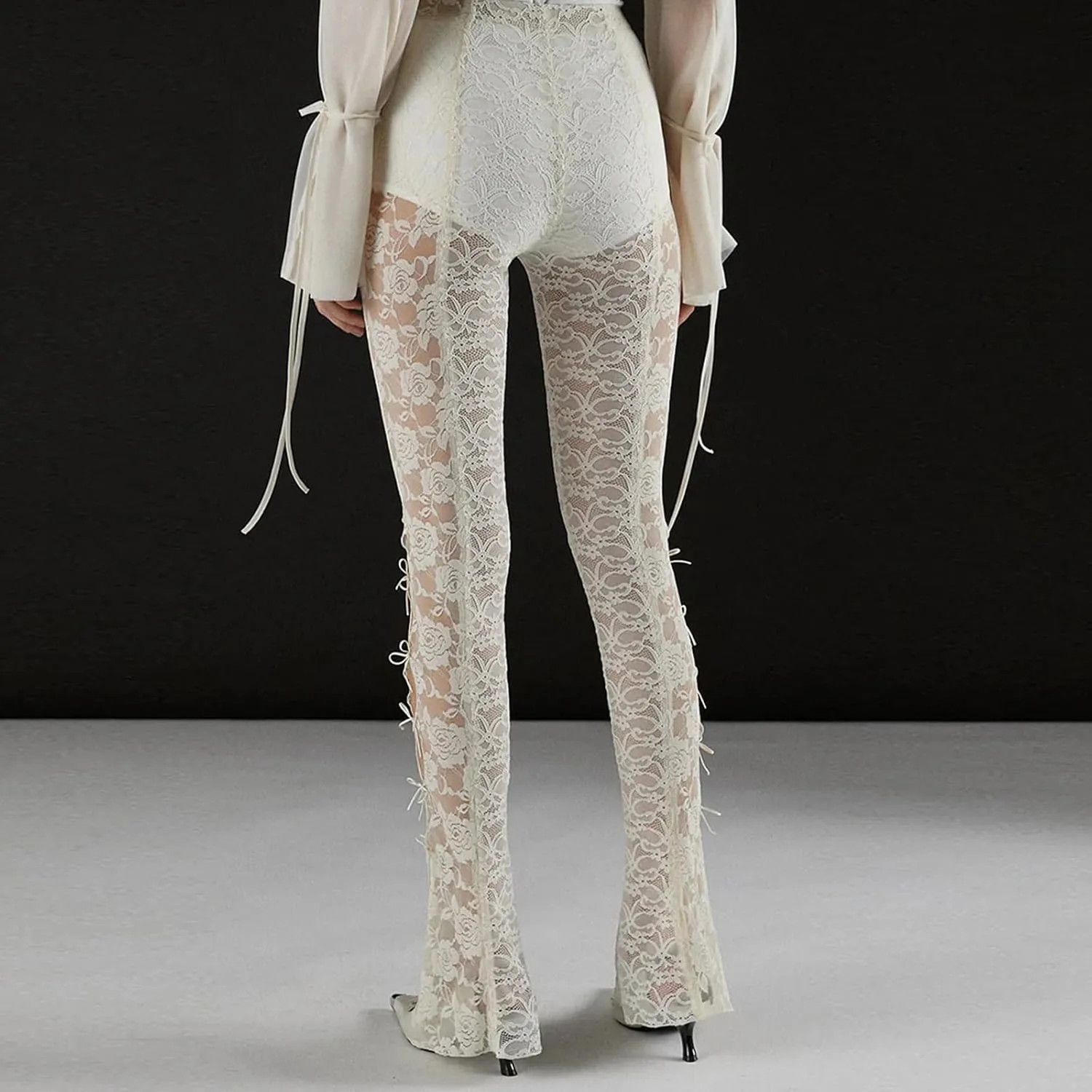 Women Bow Lace Flare Leggings High Waist Side Cutout Trousers Slim Fit Sexy Sheer Mesh Stretch Pants Party Clubwear