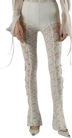 Women Bow Lace Flare Leggings High Waist Side Cutout Trousers Slim Fit Sexy Sheer Mesh Stretch Pants Party Clubwear
