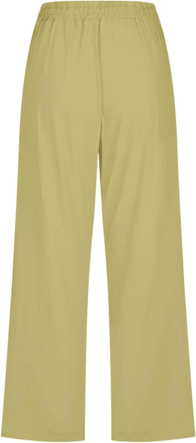 Women Cotton Linen Summer Y2K Fashion Pant Trousers High Waist Stretchy Loose Fit Trouser Trendy