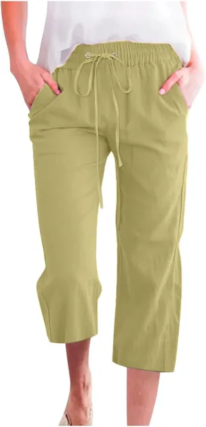 Women Cotton Linen Summer Y2K Fashion Pant Trousers High Waist Stretchy Loose Fit Trouser Trendy
