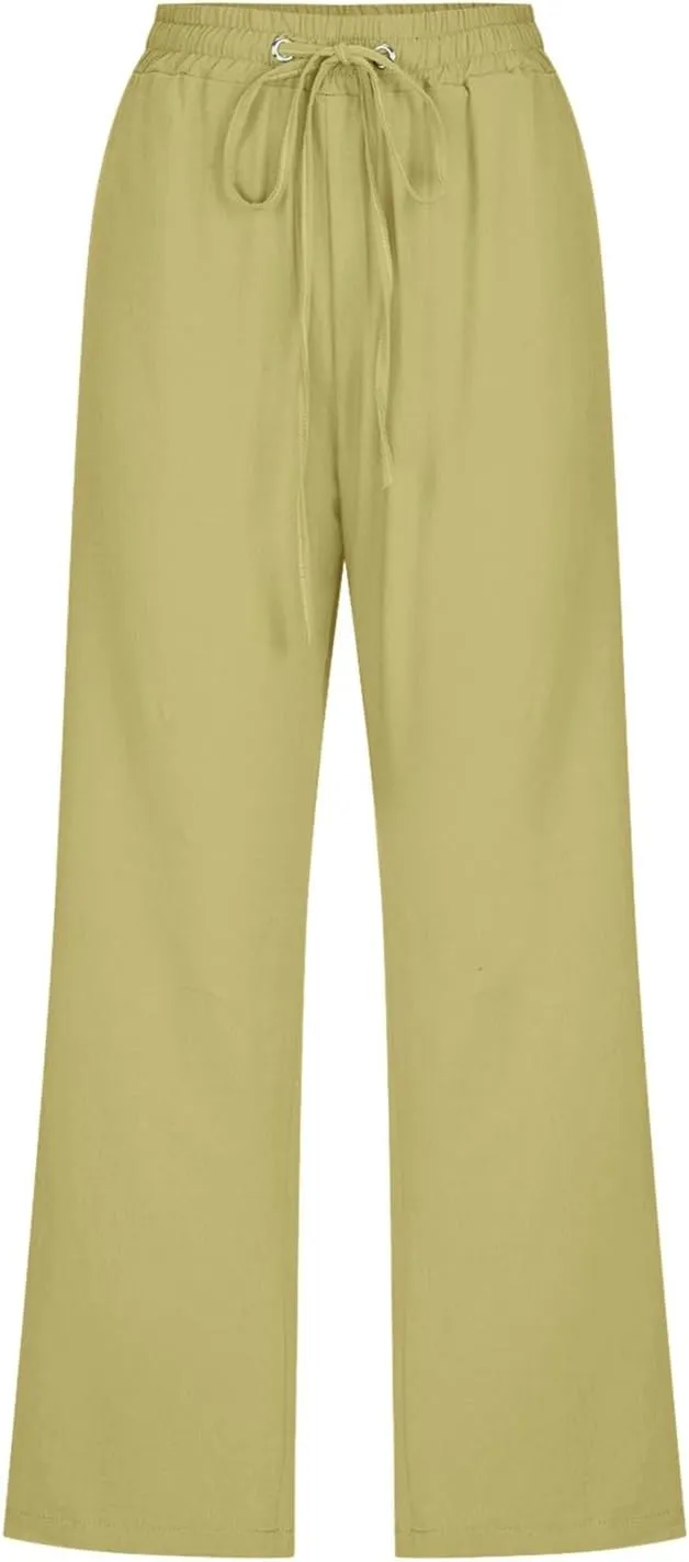 Women Cotton Linen Summer Y2K Fashion Pant Trousers High Waist Stretchy Loose Fit Trouser Trendy