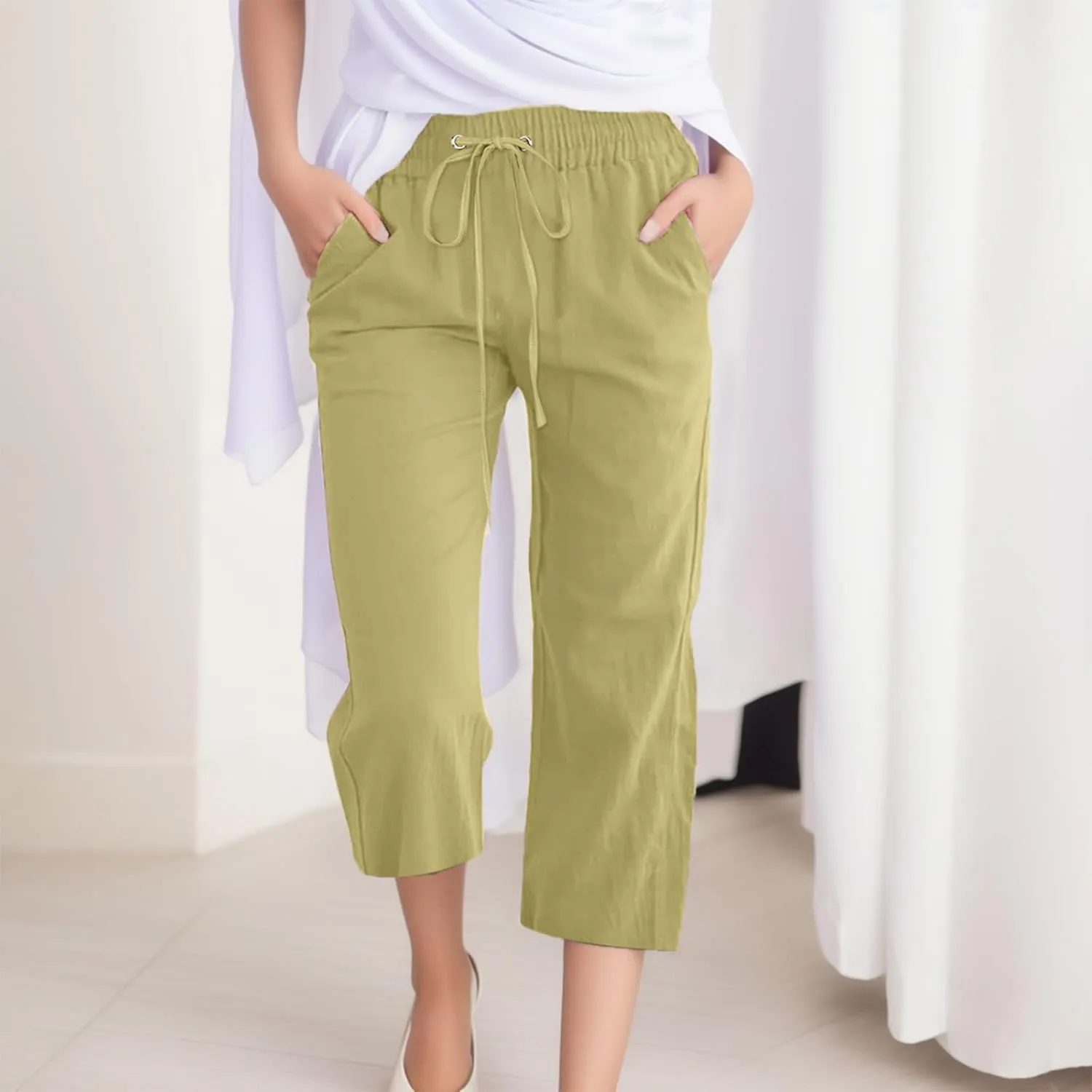 Women Cotton Linen Summer Y2K Fashion Pant Trousers High Waist Stretchy Loose Fit Trouser Trendy