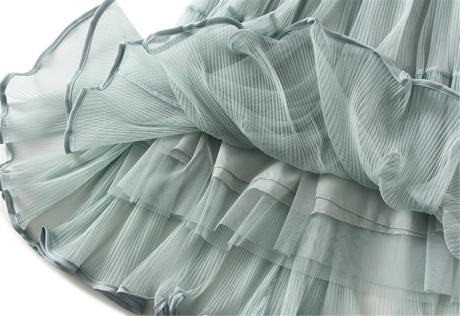 Women High Elastic Waist Pleated Mesh Skirt Midi Swing A-line Skirts