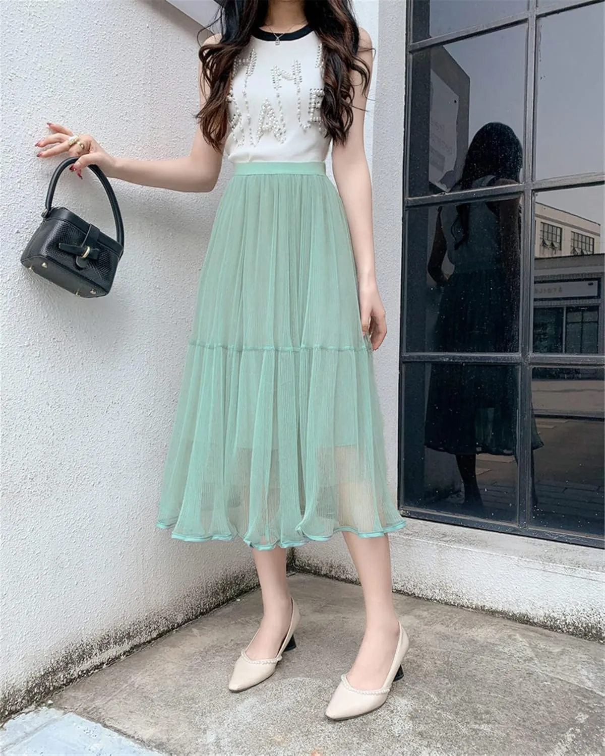 Women High Elastic Waist Pleated Mesh Skirt Midi Swing A-line Skirts