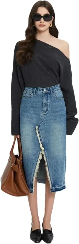 Women High-Waisted A- Line Denim Skirt Vintage Design Sensibility Fringe Side Slit Medium-Length Dress